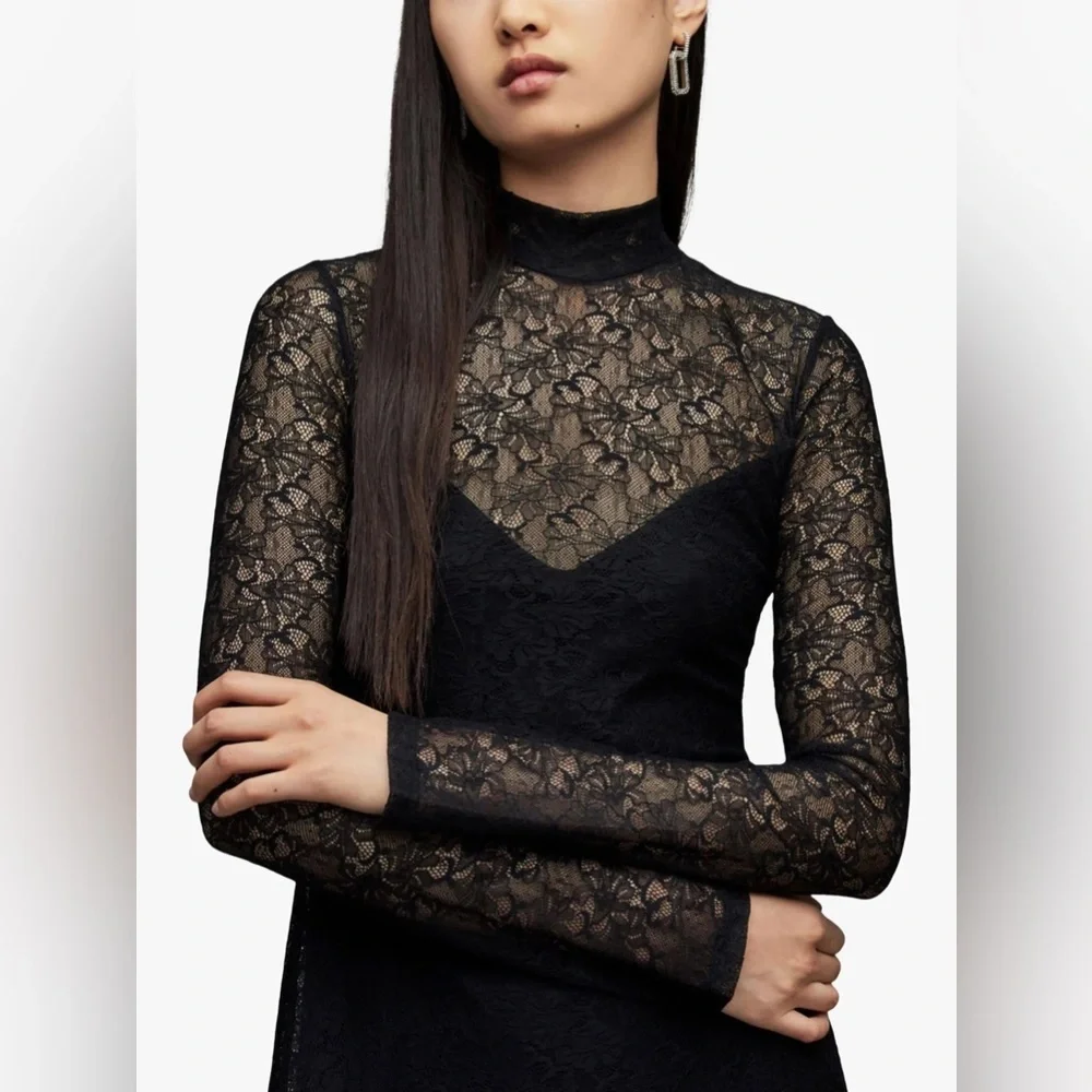 NWT All Saints Hanna Lace Black Asymmetrical Mock Neck Midi Dress Size US 8 - Picture 4 of 16